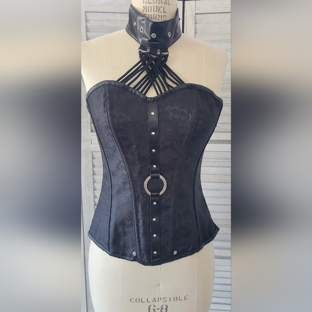 Black corset straps on neck zipper lacy pattern sweet heart cord goth